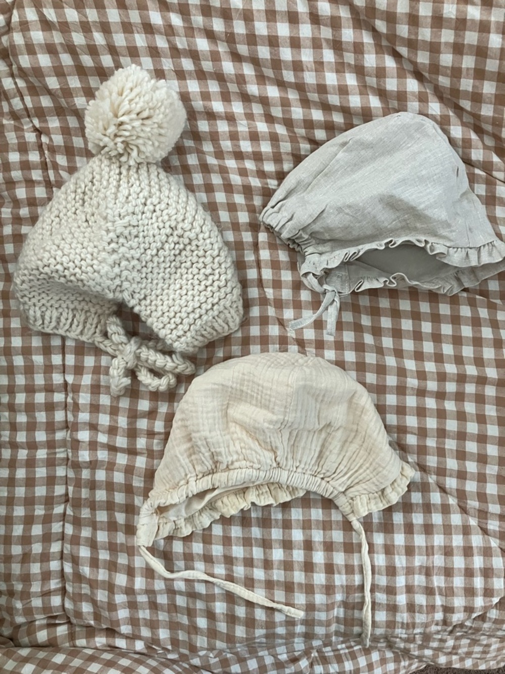 H&M Cream Knit Pom Pom Hat with Two Neutral Cotton Bonnets bundle